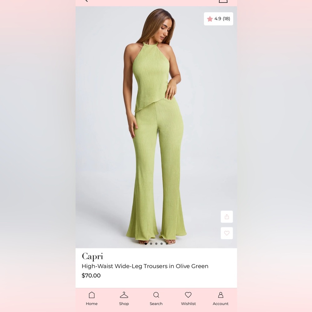 Capri High Rise Trousers and Elania open back halter neck top in olive